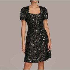 DONNA KARAN Black Sequin Long Sleeve Button Up Dress Size 4